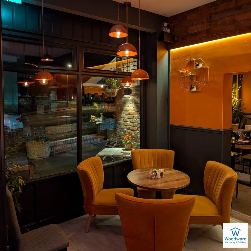 Aroma cafe and kitchen with warm lighting on a dark evening